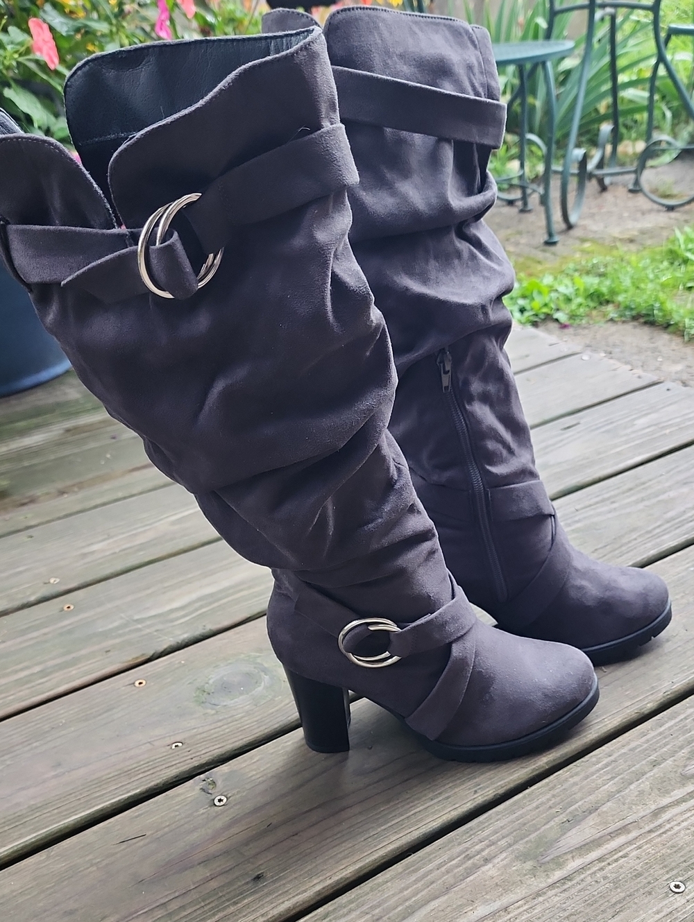 Women's Dark Grey Mysoft Knee High Chunky Block Heel Winter Side Zipper Boots